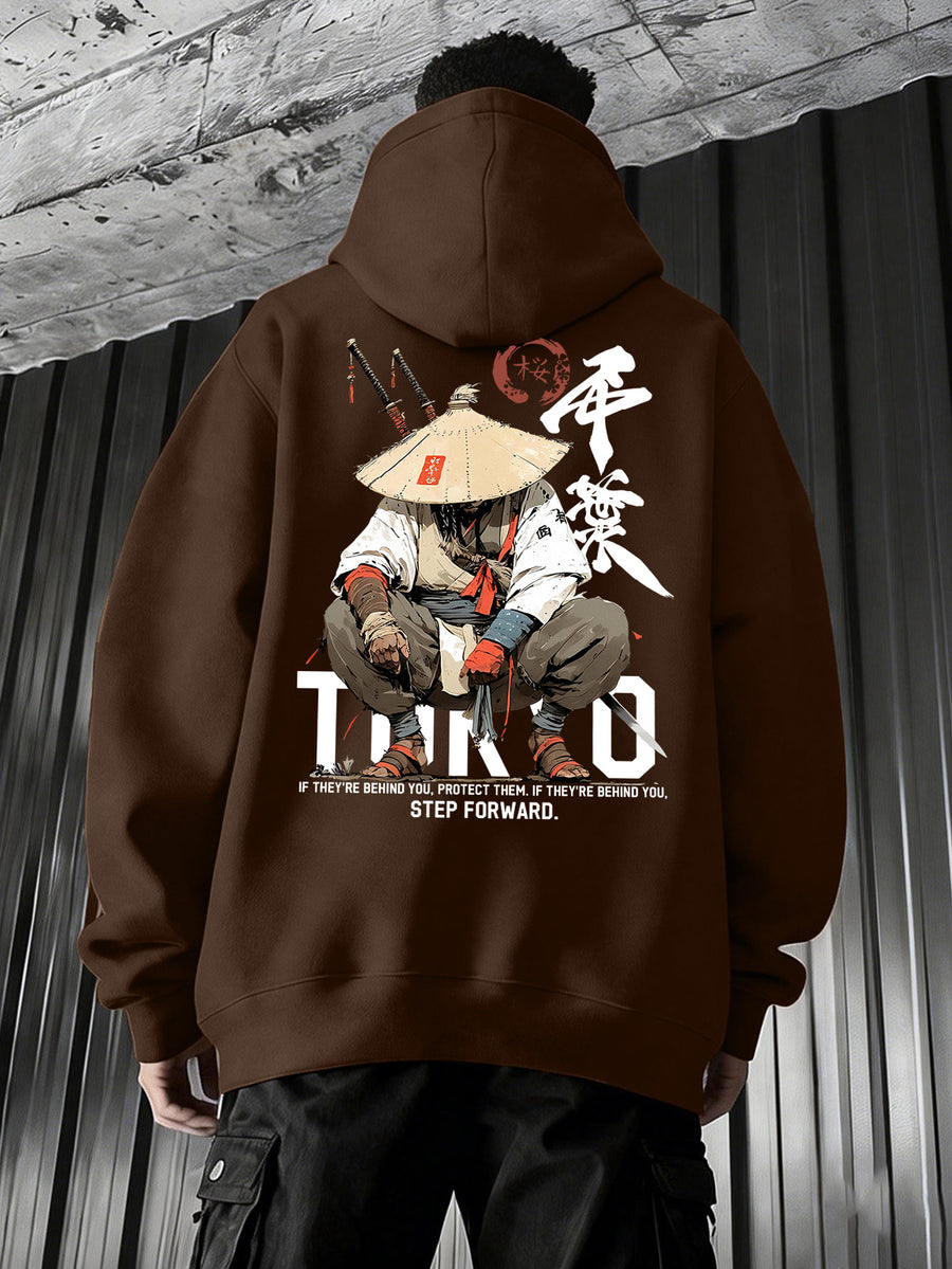 Men'S Japanese Samurai Kendo Warrior Hooded Sweatshirt | Casual Hooded, Heavy-weight, Slight Stretch Fabric, Geometric-pattern, Perfect for Spring/Fall - Coffee Color