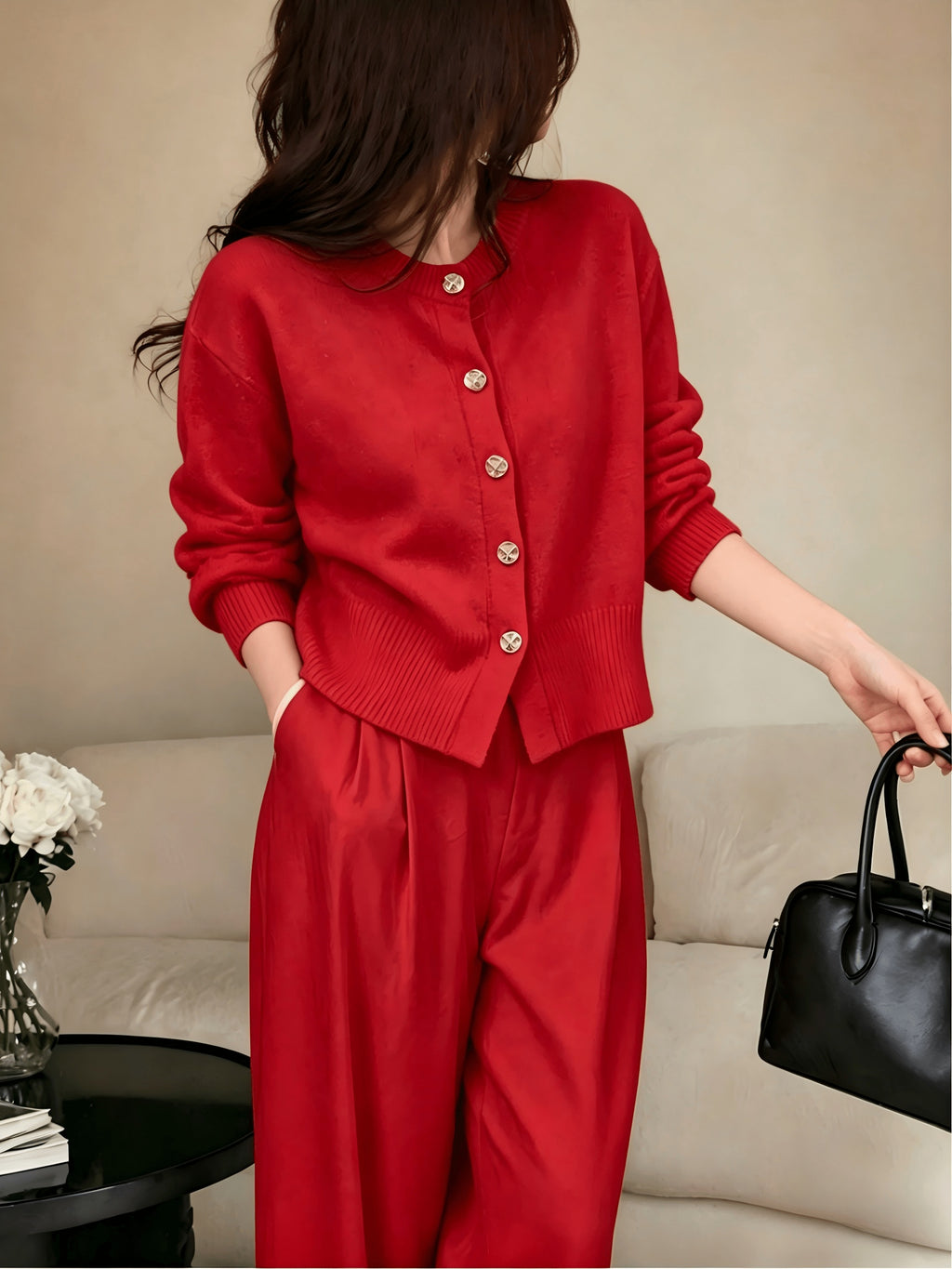 Cozy Women's Cardigan with Floral Button Accents, Soft Stylish Cardigan for Casual Daily Wear - Red