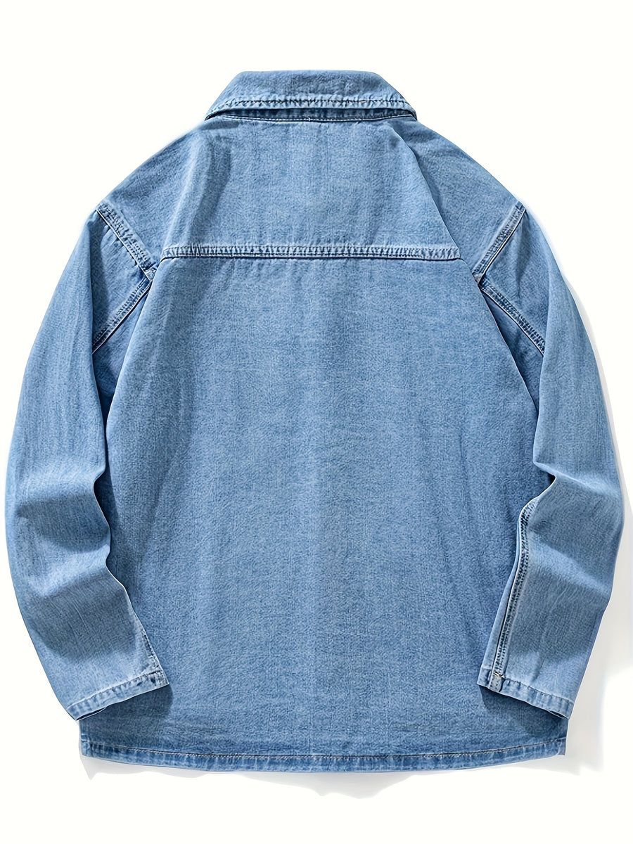 9029# Men'S New Flat-Footed Non-Stretch Denim Shirt Loose Plus Size Versatile Casual Shirt - Sky Blue