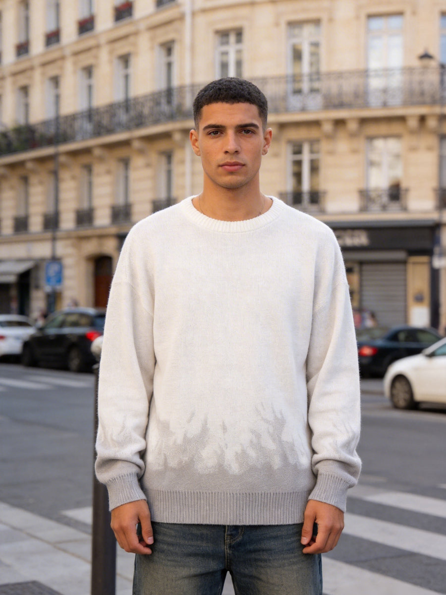 American High Street Gradient Flame Sweater | Trendy Design Knit Top - Light Grey