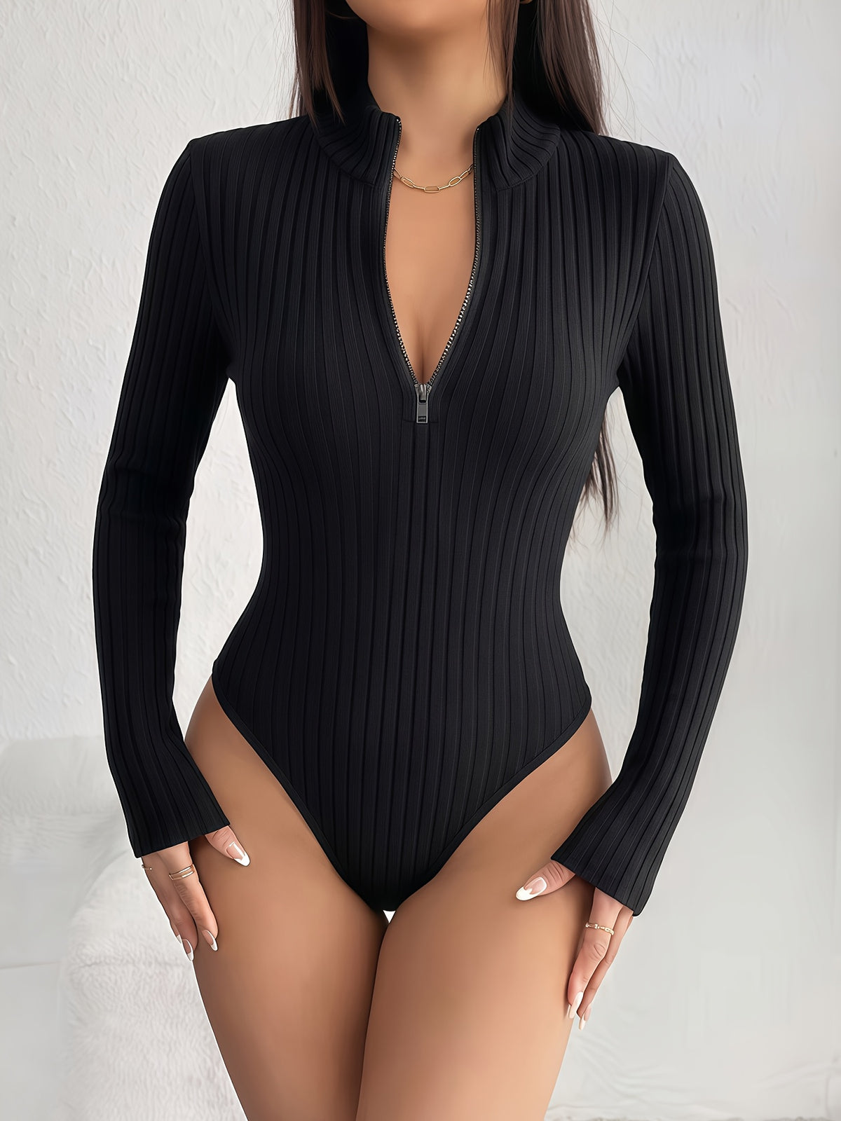 Women'S Fall Winter Mock Neck Zipper Long Sleeve Bodysuit Base Layer Top Autumn Casual Fashion Outerwear - Black