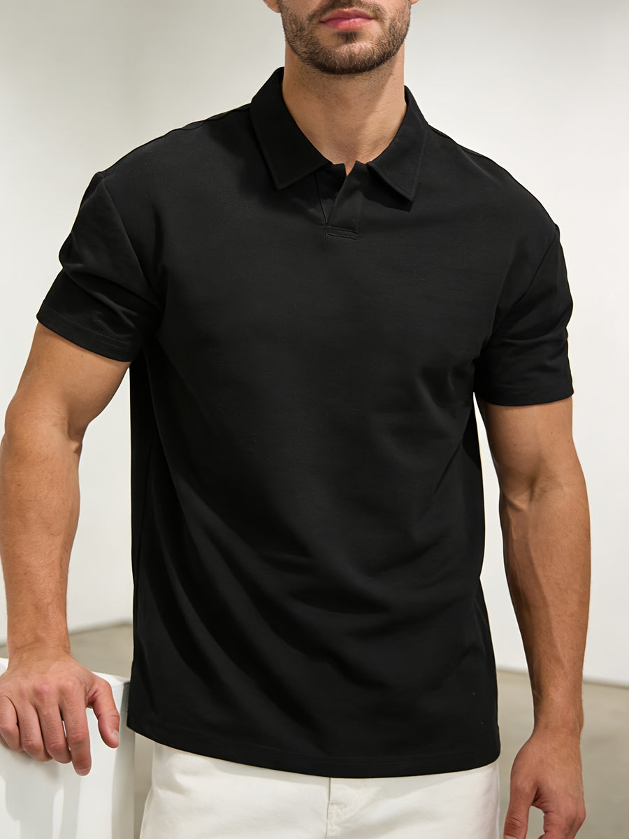 Spring/Summer American-style Solid Color Polo Shirt, Casual Versatile Short Sleeves with Lapel Collar, Simple Buttonless Placket - Black