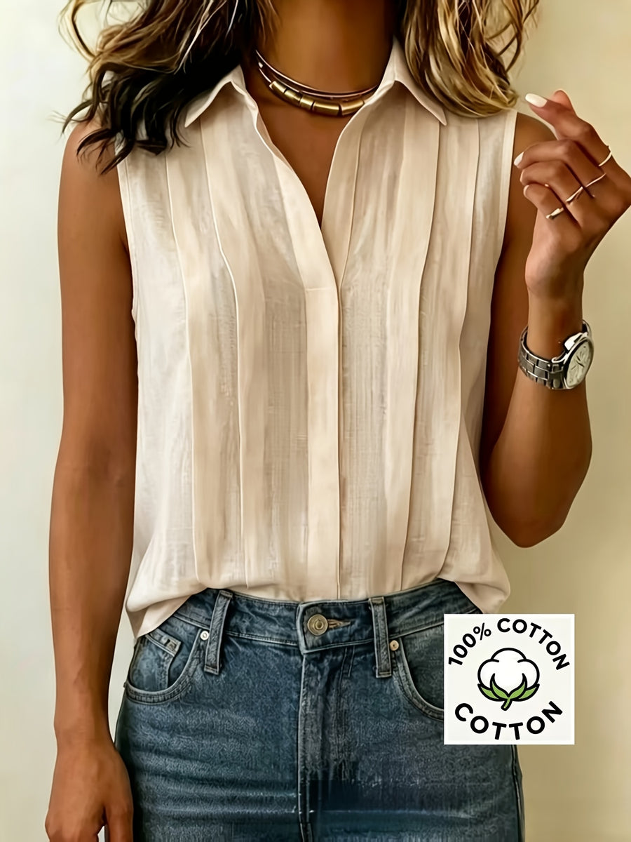 Pleated Design Statement Sleeveless Shirt, Women'S Lapel V-Neck Loose All-Match Summer Commute Top - Apricot