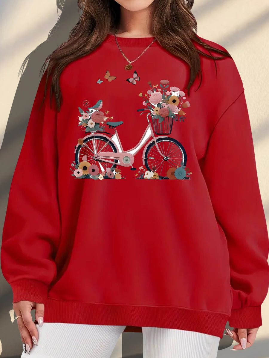 Plus Size, Extended Apparel: Women's Spring/Autumn/Winter Cross-Border European & American Plus-Size Simple Graphic Print Sweatshirt, Casual Crew Neck Sweatshirt, Women's Plus-Size Sweatshirt - Red