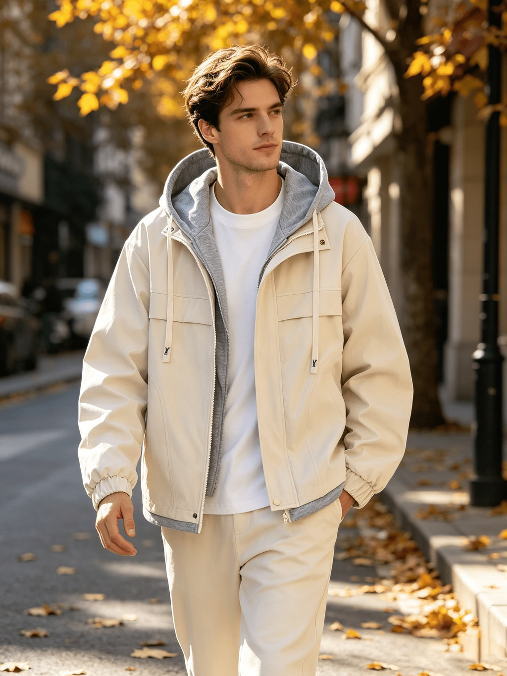 Men's Casual Hooded Jacket, Trendy and Versatile, Suitable for Outdoor and Daily Wear, Faux 2pcs Design, Spring and Autumn Style - White