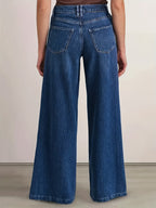 Women's Dark Blue High-Waisted Loose Wide-Leg Jeans with Fashionable Design Pockets - Blue