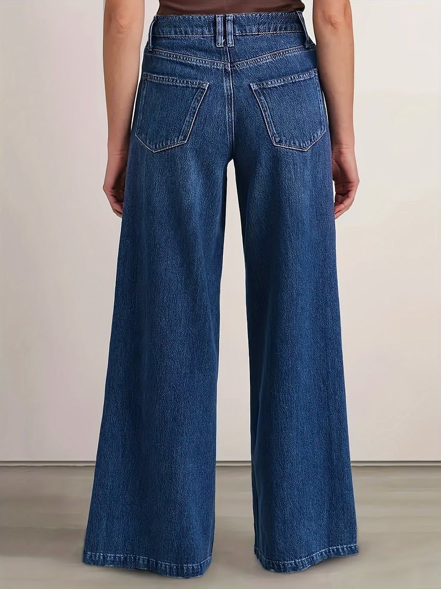 Women's Dark Blue High-Waisted Loose Wide-Leg Jeans with Fashionable Design Pockets - Blue