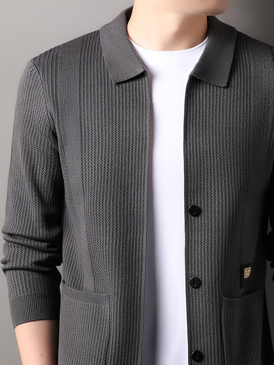 Men's Lapel Vertical Stripe Knit Cardigan Jacket, featuring a light business style with a mature and steady vibe, yet incorporating a sense of casualness. Flattering on all body types, suitable for men - SINBOS - Gray Green