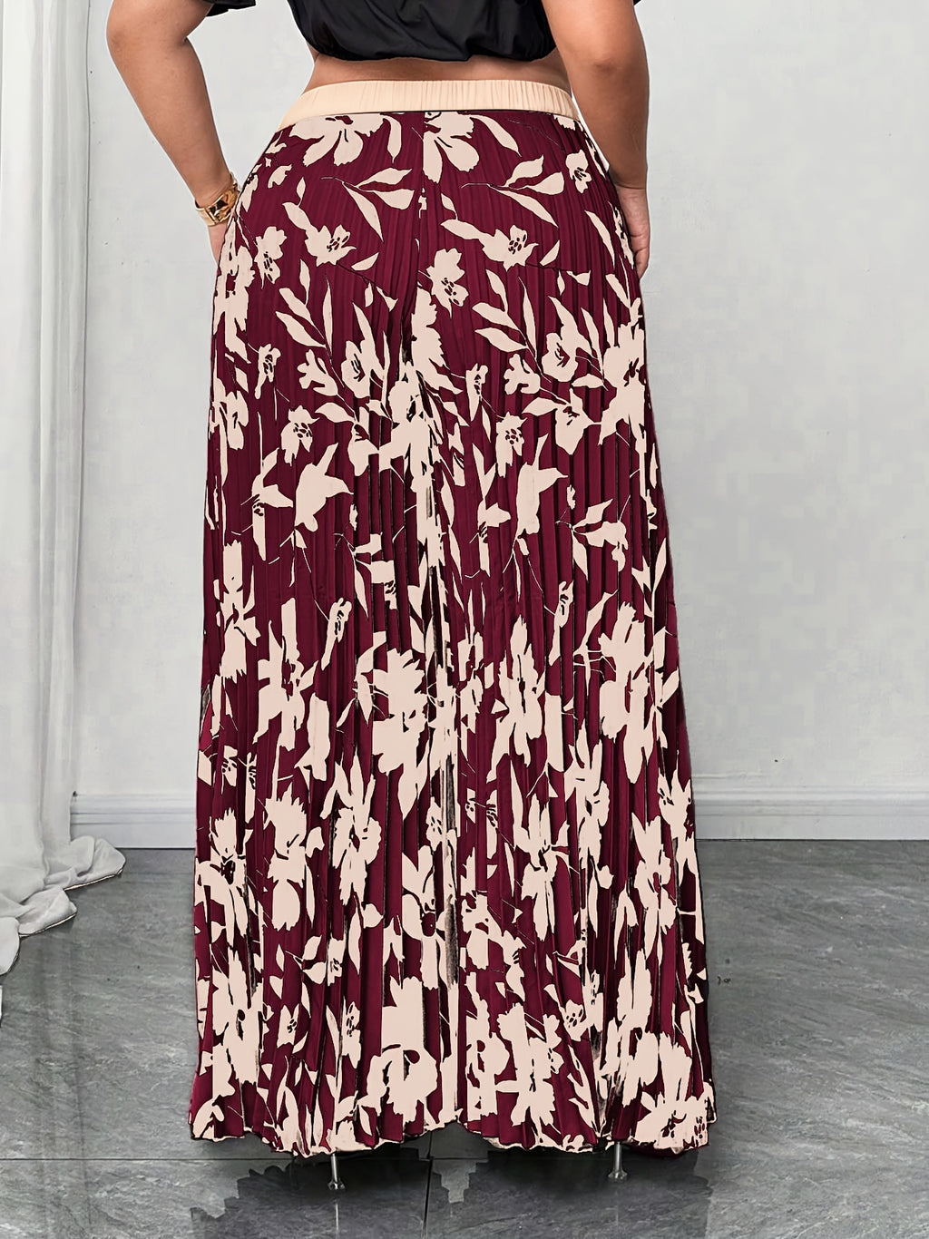 Plus Size - Elegant Floral Print Wide Leg Pants for Women | Non-Stretch Fabric, Pleated Detail, Loose Fit, Suitable for Spring/Fall Season - Burgundy