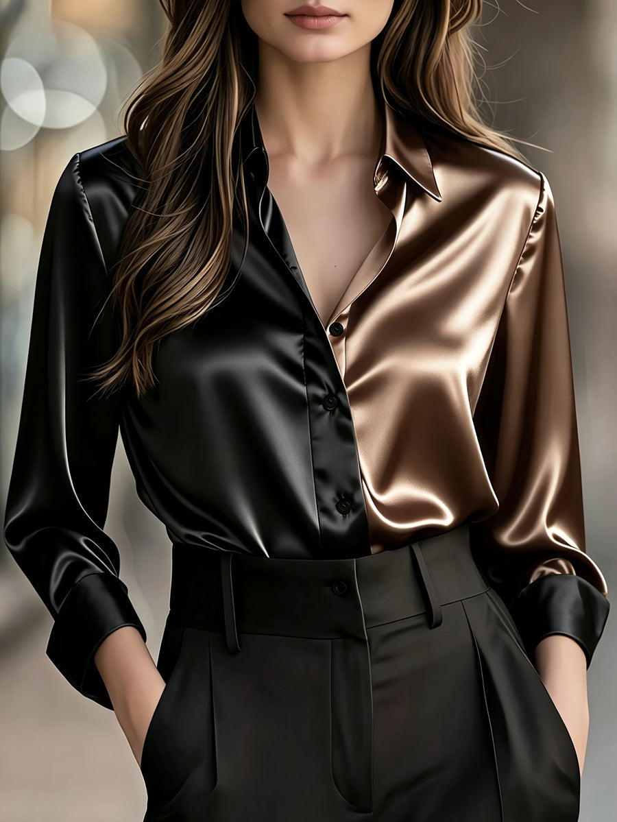 Elegant Women'S Shirt | Color Block, Polo Collar, Long Sleeve, Single Breasted, All-season, Fashionable and Versatile for Work and Casual Wear - Coffee Brown