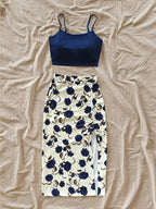 Women'S Fashion Floral Print Short Bodycon Dress, Casual Vacation Camisole Set for Women - Navy Color