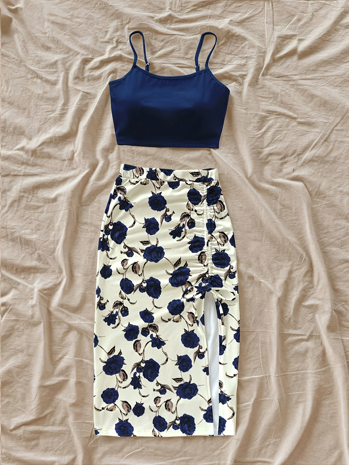 Women'S Fashion Floral Print Short Bodycon Dress, Casual Vacation Camisole Set for Women - Navy Color
