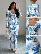 Women's Elegant Drop Collar Halter Tie Digital Print Dress - White Blue