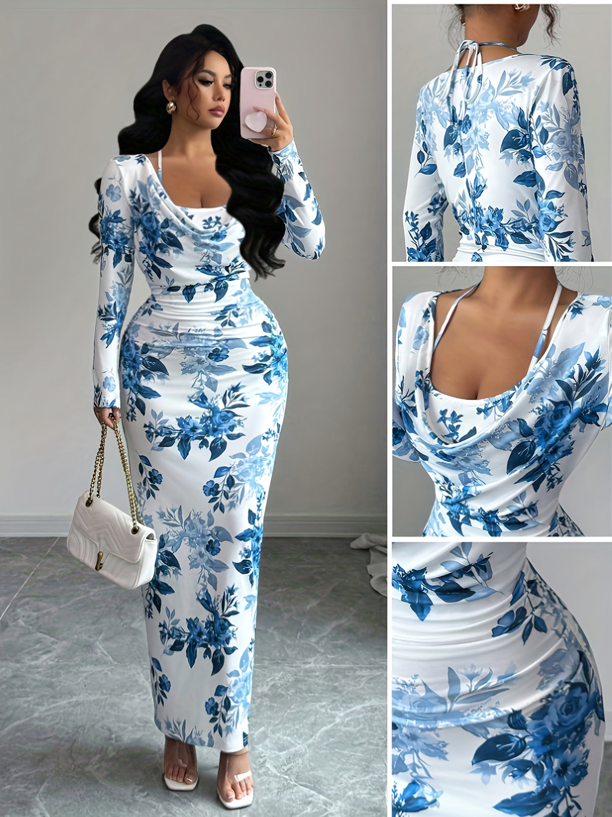 Women's Elegant Drop Collar Halter Tie Digital Print Dress - White Blue