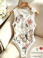Butterfly Print New Women'S Sleeveless Metallic Button Design Bodycon Top, Vacation Style Summer Outfit, Women'S Beach Party Wear, Summer Vacation Attire, Festive Clothing, Women'S Holiday Seaside Photography Outfit - White
