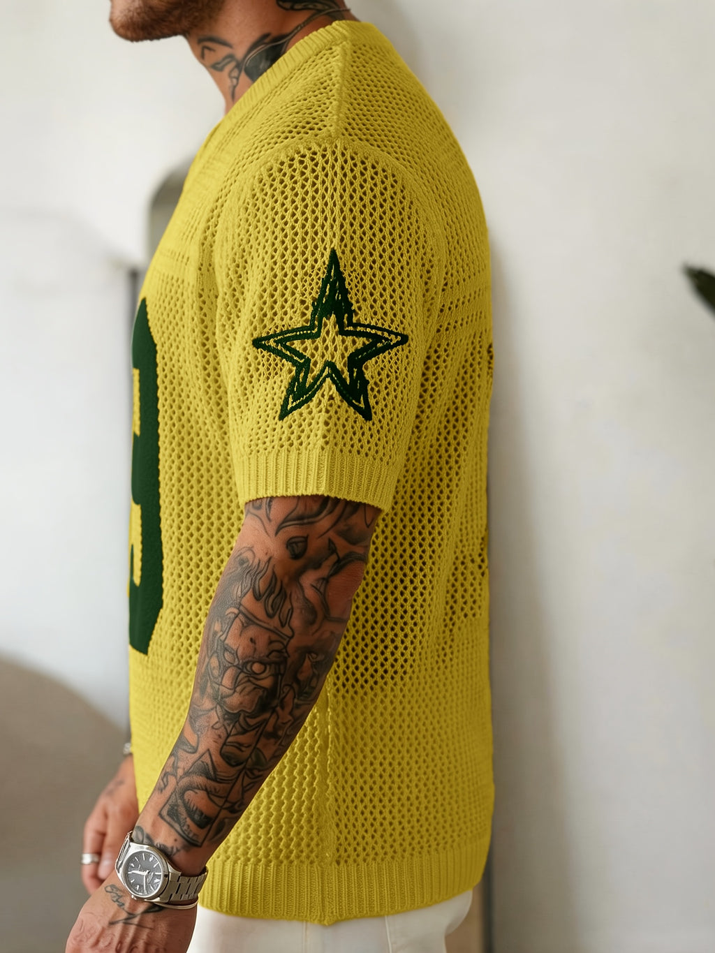 JANE DRESSINGLOG Men'S Summer Digital Design Color-Block V-Neck Short Sleeve Hollow Knit Top, Men'S Summer Casual Football Style Sweater, Suitable for Sports Casual Daily Wear - Yellow