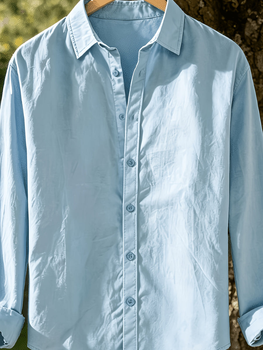 Single Piece Men'S Solid Color Long-Sleeve Shirt, Loose And Soft Button-Up Cardigan Design, Comfortable And Skin-Friendly, Available in Multiple Colors, Versatile for Daily Wear And Outdoor Adventures - Sky Blue