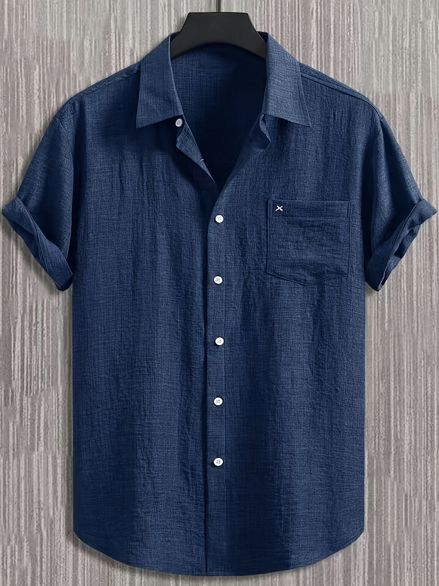 Men's Casual Multi-functional Daily Short-Sleeve Shirt with Single Pocket Embroidery, Summer Men's Shirt - Blue