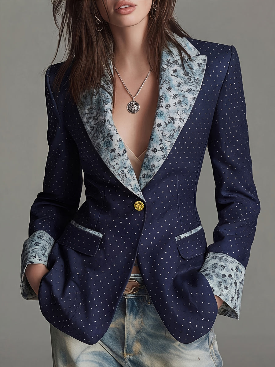 Women'S New Style Temperament Polka Dot Printed Sleeve And Collar Patchwork Floral Fashion Commuter Waist-Cinching Suit Jacket with Lining And Pockets - Deep Blue