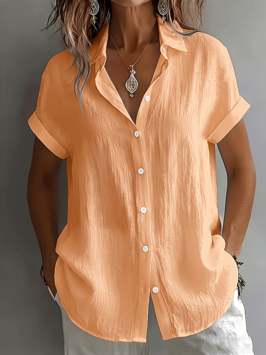 Women's Relaxed Holiday Style Micro-Wrinkle Textured Lapel Short-Sleeve Shirt, Loose Open Front Single-Breasted Drop Shoulder Fit, Casual Rolled Hem Short Sleeve V-Neck Open-Wear Design, Natural Breathable Dry Skin-Friendly Textured Fabric - Orange