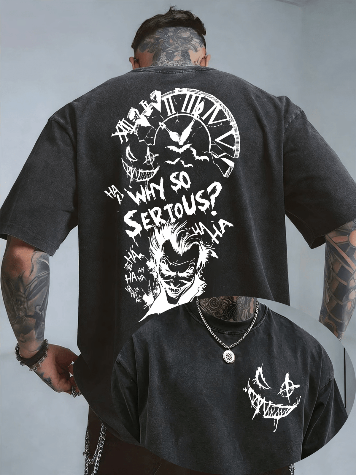 Licensed by WB Warner, Men'S Retro Old 100% Washed Crew Neck T-Shirt, DC Batman Joker Why So Serious Sketch Graffiti Design, Loose Version, Men'S Casual Versatile Loose T-Shirt, Suitable for Daily Wear Outdoor Sports - Black