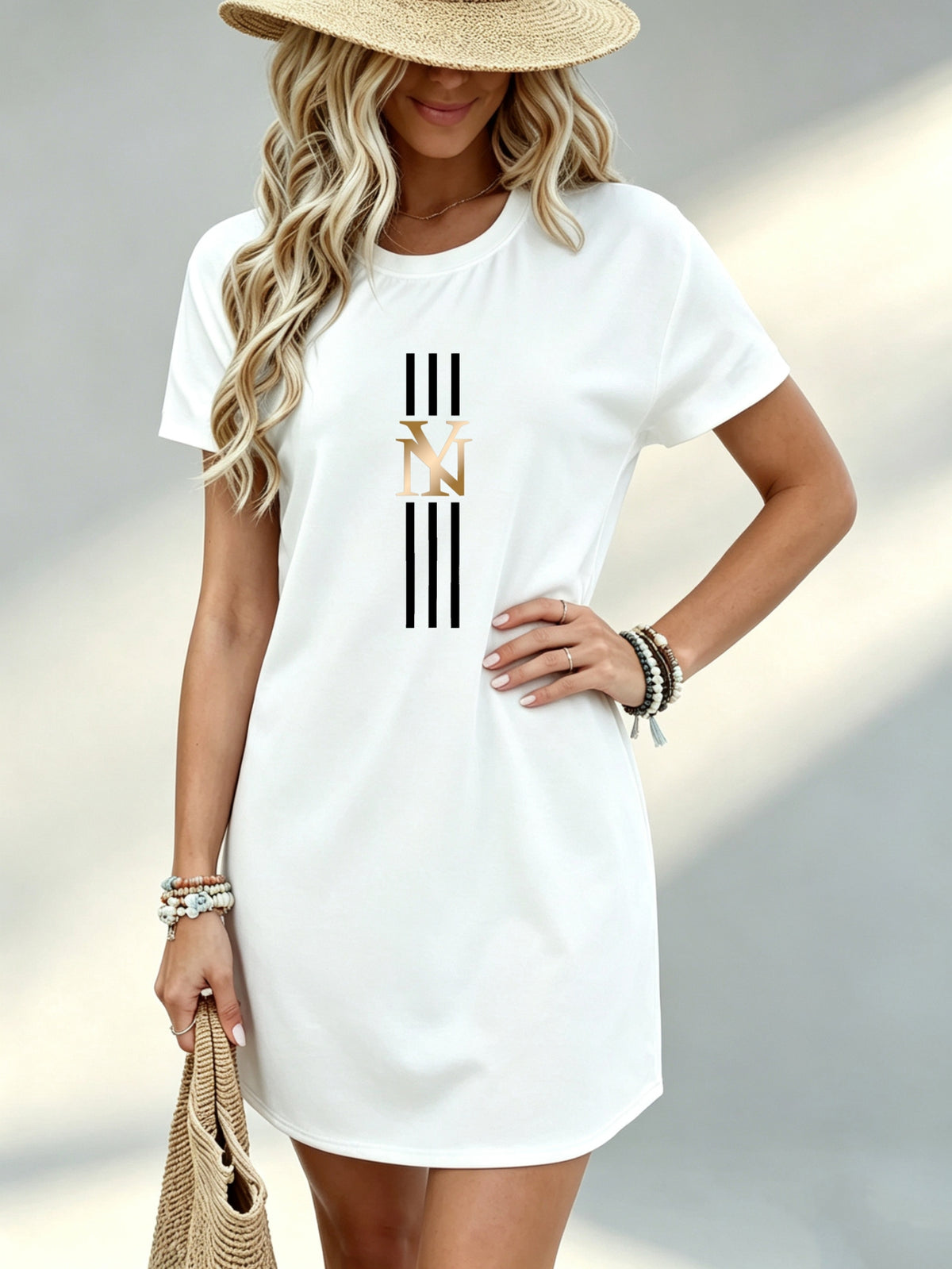 Printed Design Not Textured, Casual Style, Women Dress, Geometric Letter Print, Daily Wear, Gift for Her, 100 Percent - White