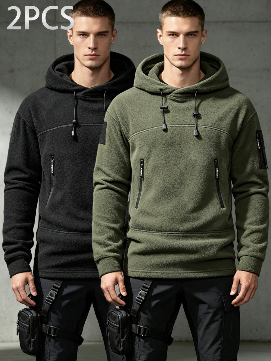 2pcs Men's Tactical Fleece Hoodie, Drawstring Zip Pockets Warm Fuzzy Pullover Hooded Sweatshirt, for Outdoor Hiking Daily Fall Winter Wear - Green+Black