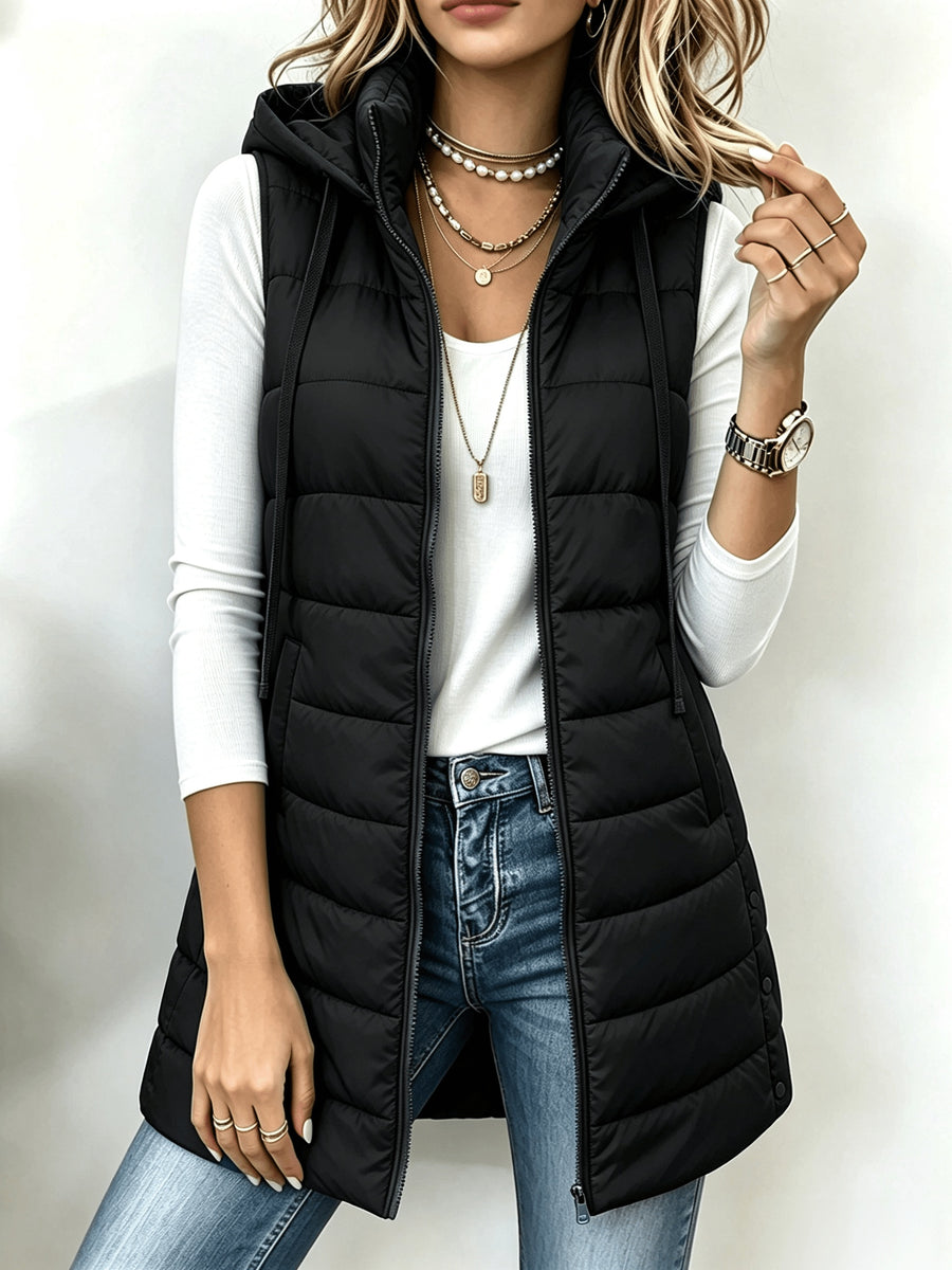 Autumn/Winter Women's Fashion Casual Stand Collar Hooded Vest Padded Coat Warm Outerwear - Black