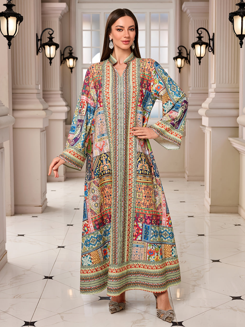 During Ramadan, Middle Eastern Muslims Wear a New Style of Long Robe Featuring a Patchwork of Colors, Traditional Prints, a Loose Fit, a V-Neck, And Long Sleeves, Suitable for Casual And Festive Occasions - Multicolor