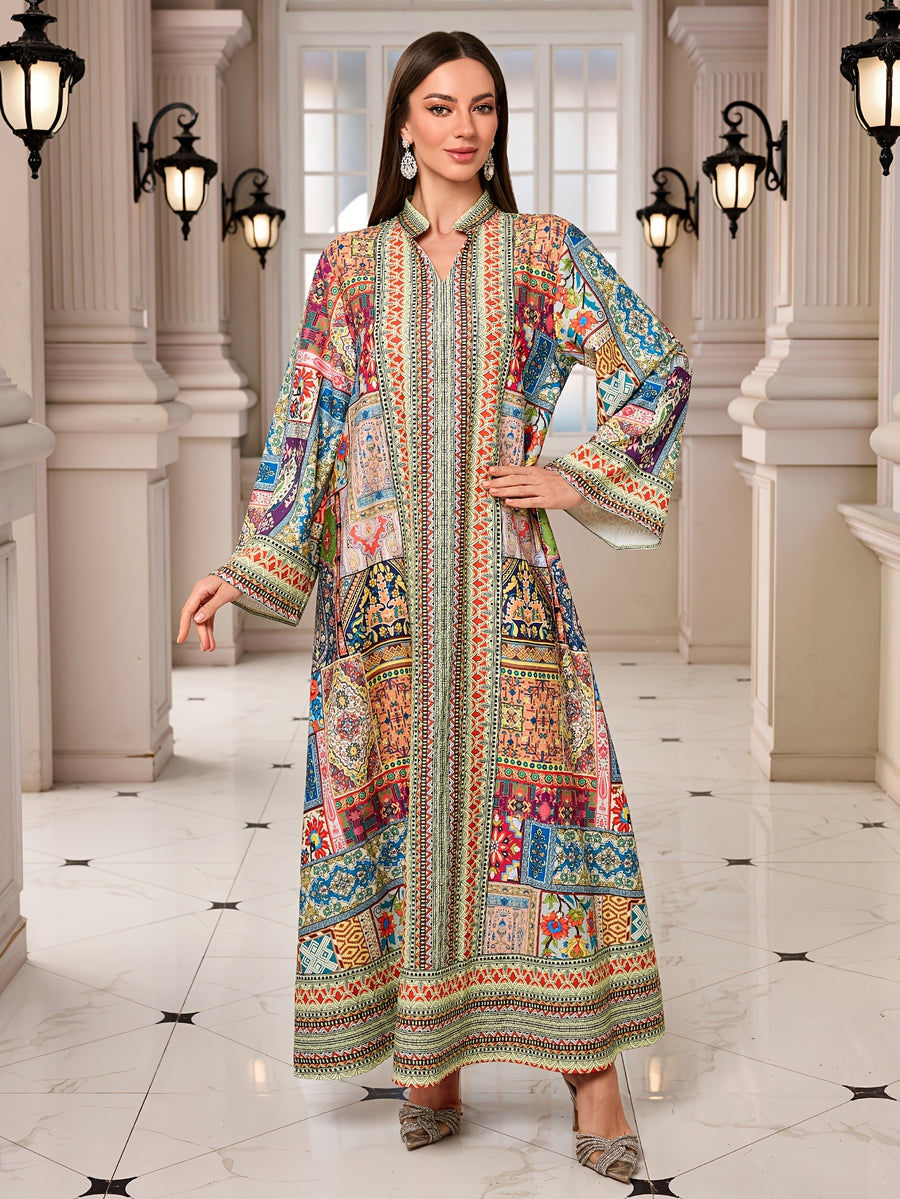 During Ramadan, Middle Eastern Muslims Wear a New Style of Long Robe Featuring a Patchwork of Colors, Traditional Prints, a Loose Fit, a V-Neck, And Long Sleeves, Suitable for Casual And Festive Occasions - Multicolor
