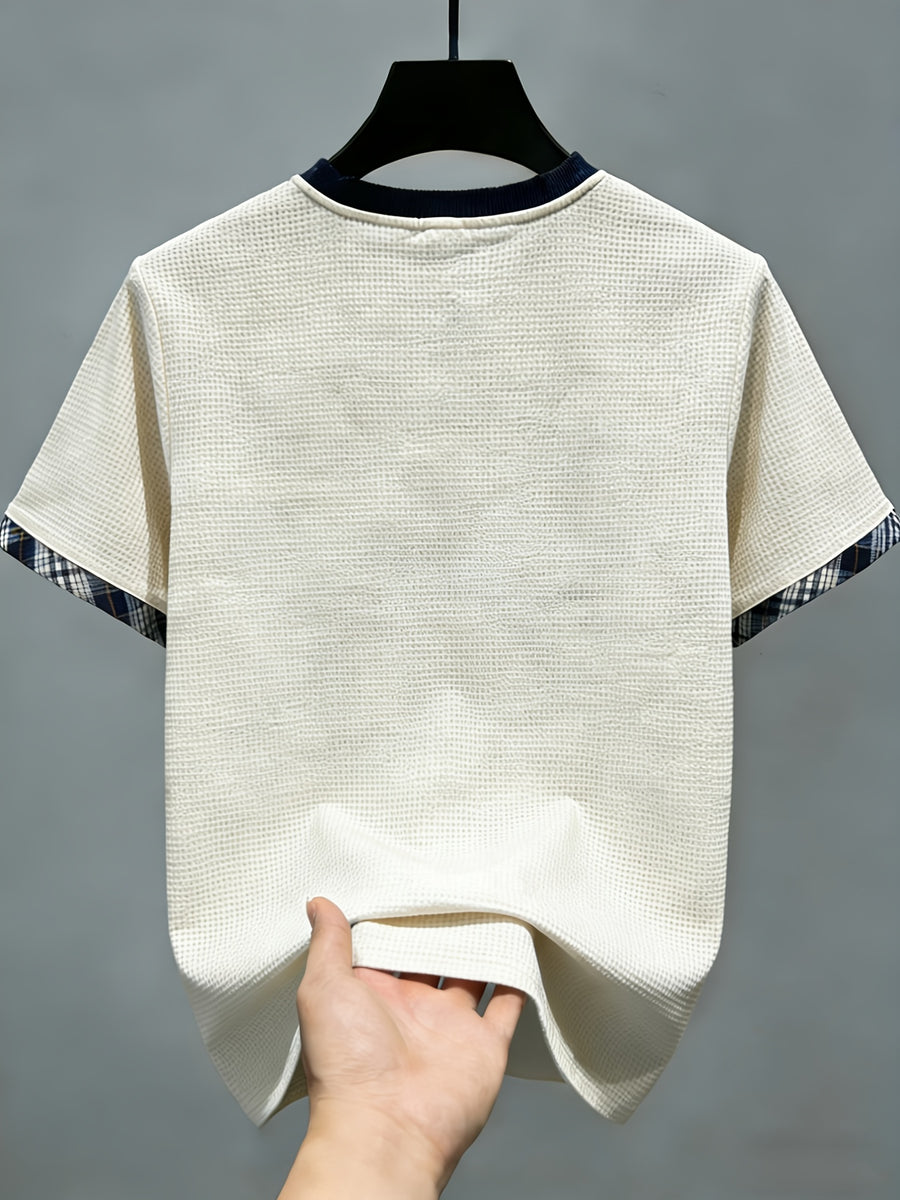 The [Pearson OBM] Men'S Short-Sleeve Golf Knit Shirt for Spring And Summer Features a Luxurious V-Neck Polo Design. Made from a Heavy Waffle Texture Fabric with Stylish Striped Color-Blocking And a Double-Layer Collar - ho Beige