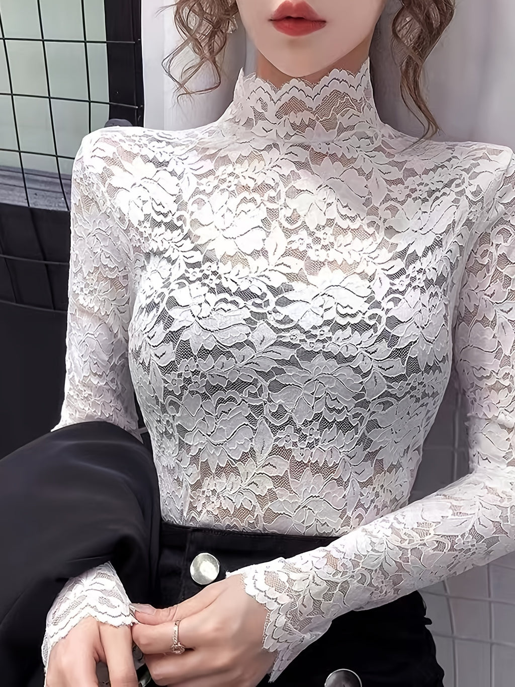 Lace Mock Neck Slim Top, Sexy Long Sleeve Top For Spring & Fall, Women's Clothing - White