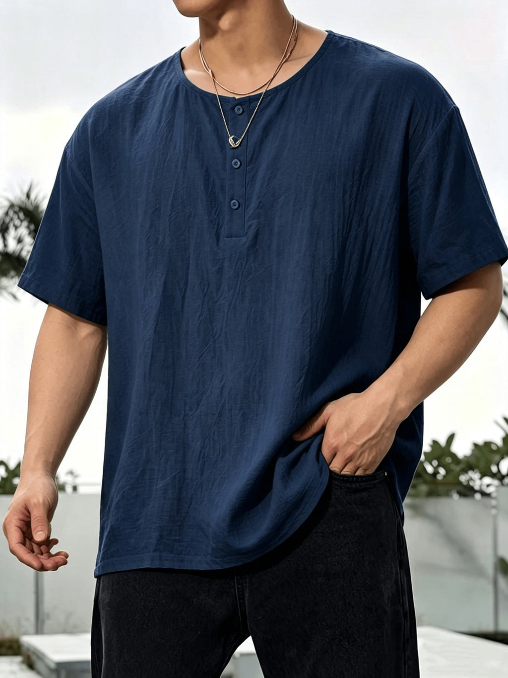 2pcs Men'S Linen Henley Shirt Set, Short Sleeve And Long Sleeve 2pcs Combination, Loose Breathable Vacation Style Casual Top - Navy Color