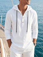 Men's 3pcs Set: Henley Collar Hooded Long-Sleeve T-Shirt, Half-Button Drawstring Hoodie, Casual Loose-Fit Long-Sleeve Pullover for Everyday Versatility - White+navy+khaki