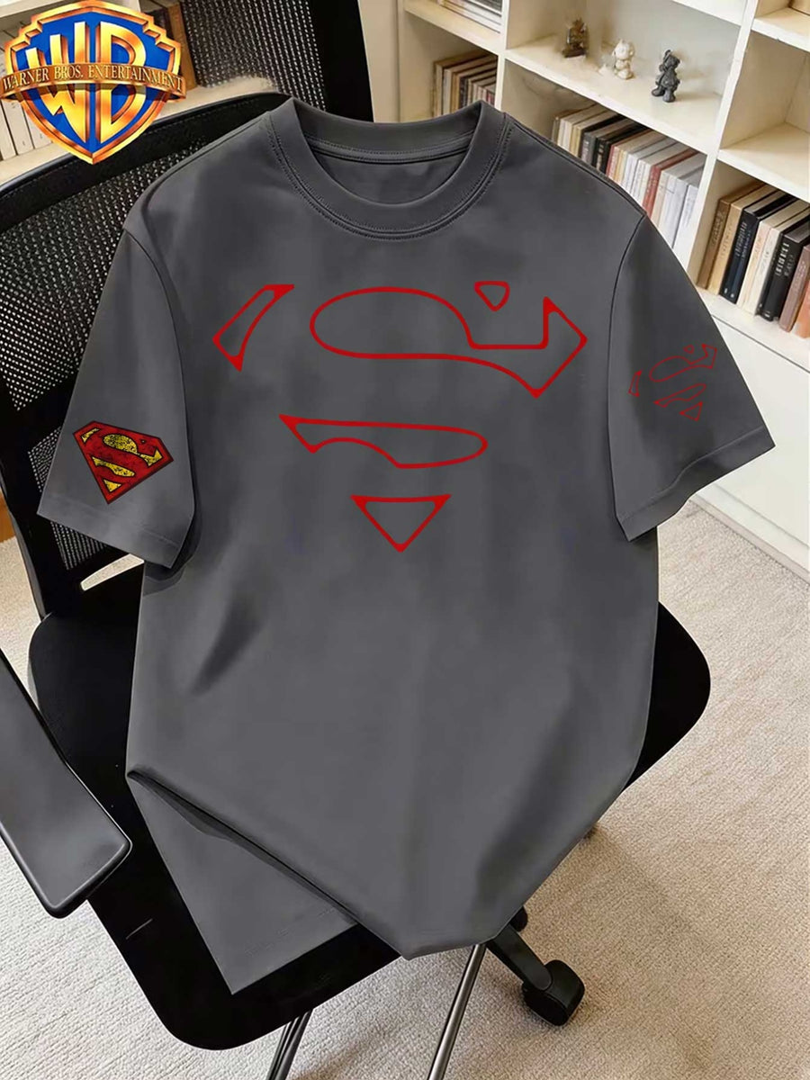 Warner Bros Official Superman Logo Print Crew Neck T-Shirt for Men, 100% Pure, Casual, Comfortable, Versatile, Loose Fit, Summer Short Sleeve T-Shirt, Suitable for Outdoor Wear, Gym, Office, and Daily Fashion, A Men's Wardrobe Essential, Unisex - Deep Gray