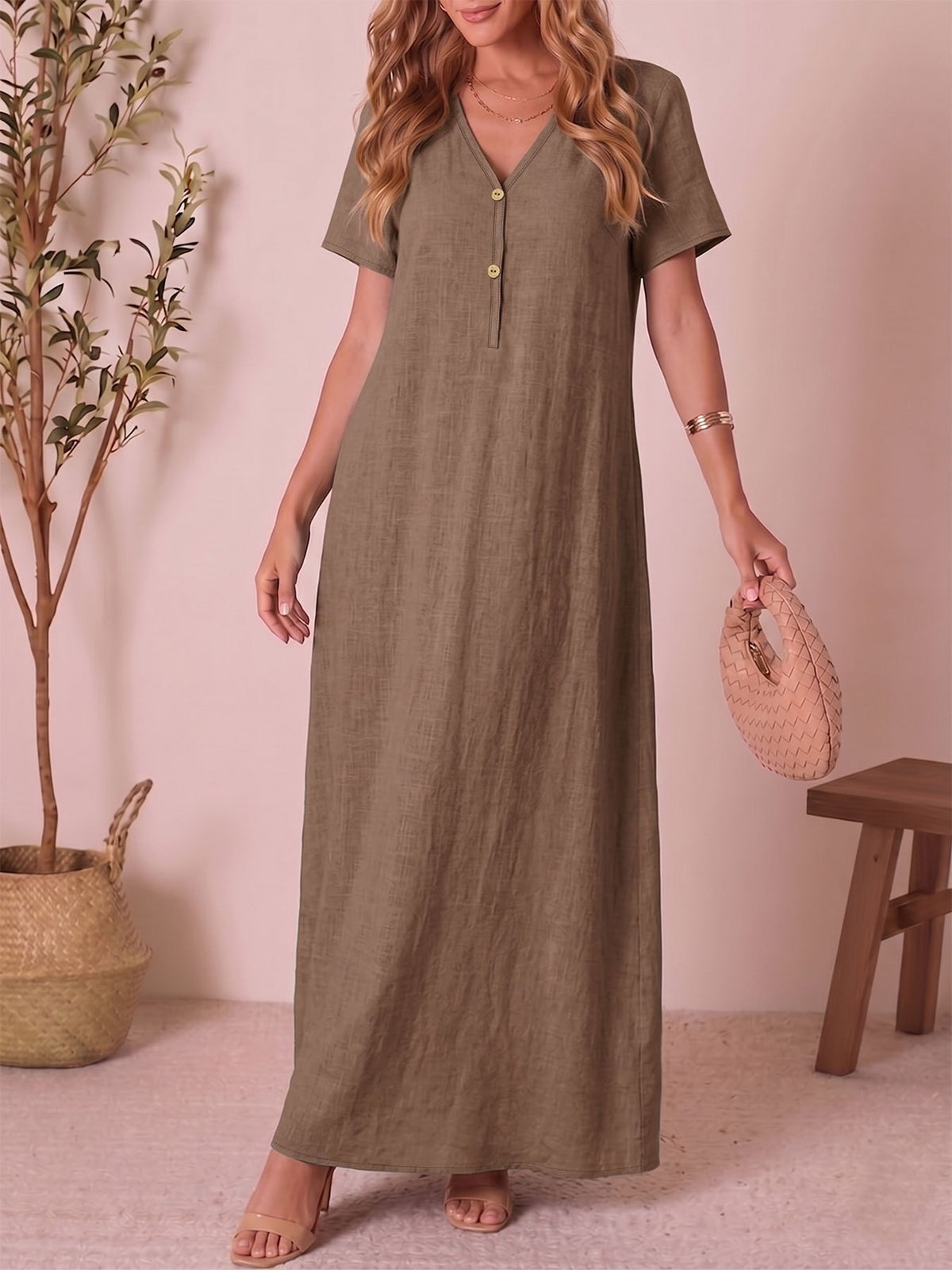 Women'S Casual V-Neck Short Sleeve Solid Color A-Line Loose Long Dress - Khaki