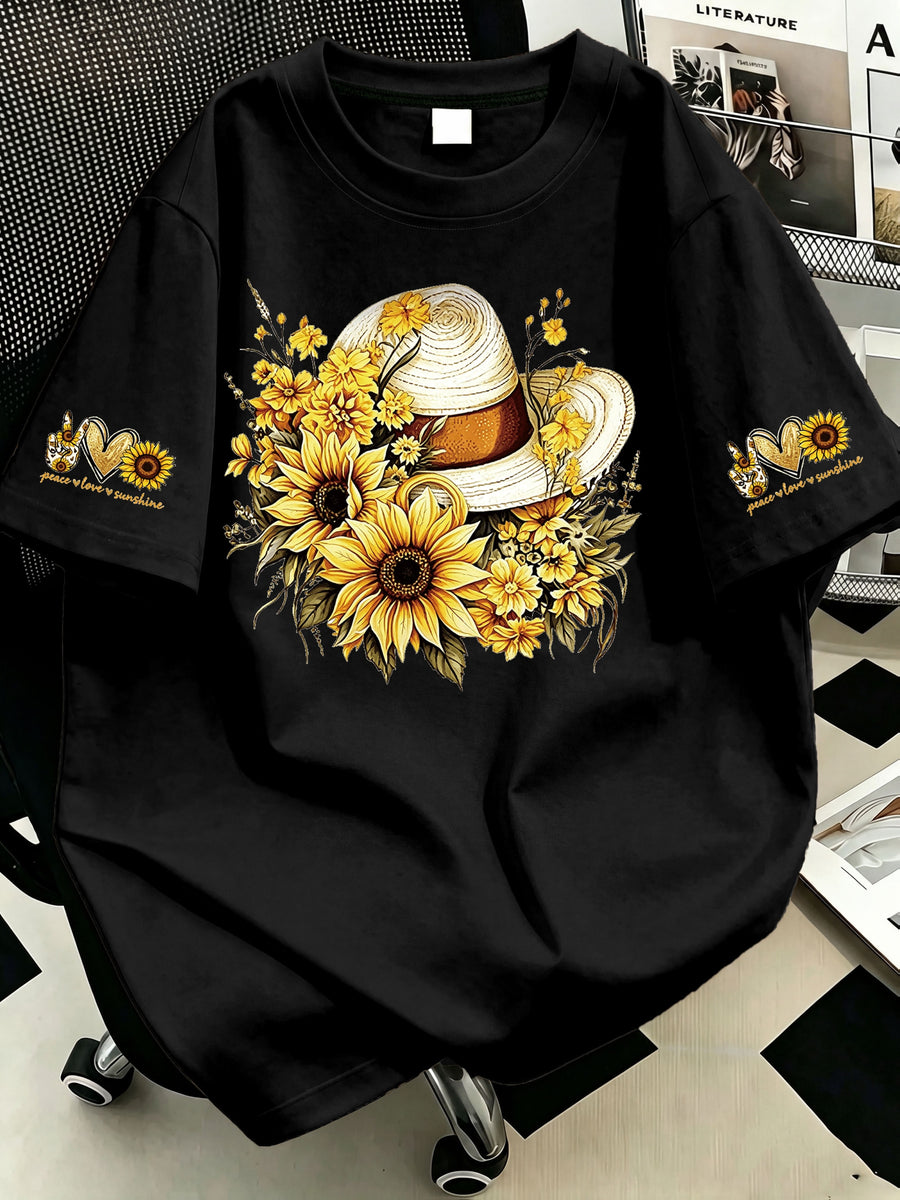 Plus Size, Plus-size Sunflower Print Round-neck Women's Casual Short-sleeve T-shirt, Suitable for Summer Vacations, Casual and Comfortable - Black