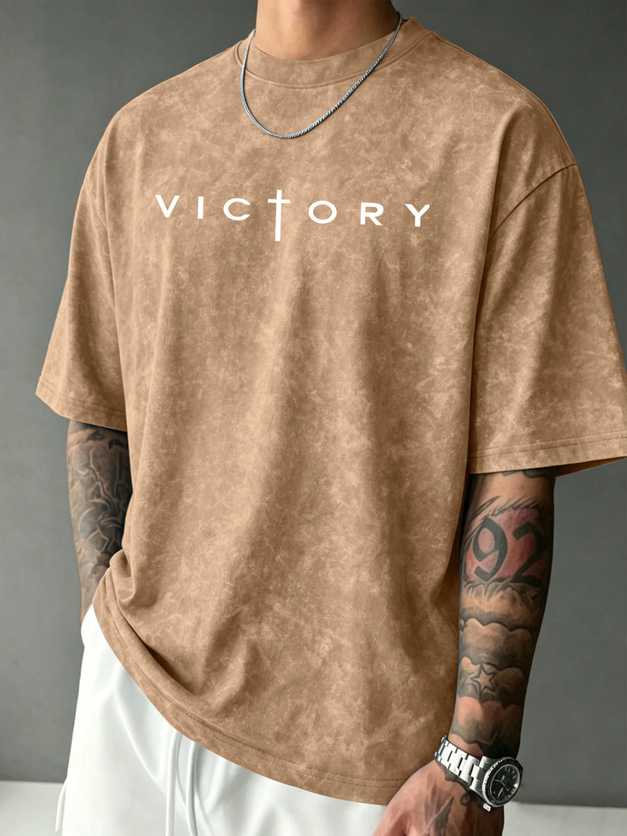 American-style Distressed Washed Short-sleeve T-shirt with Cross and Creative Letter Print, Men's Simple Versatile Trendy Crew Neck Short-sleeve Top - Khaki