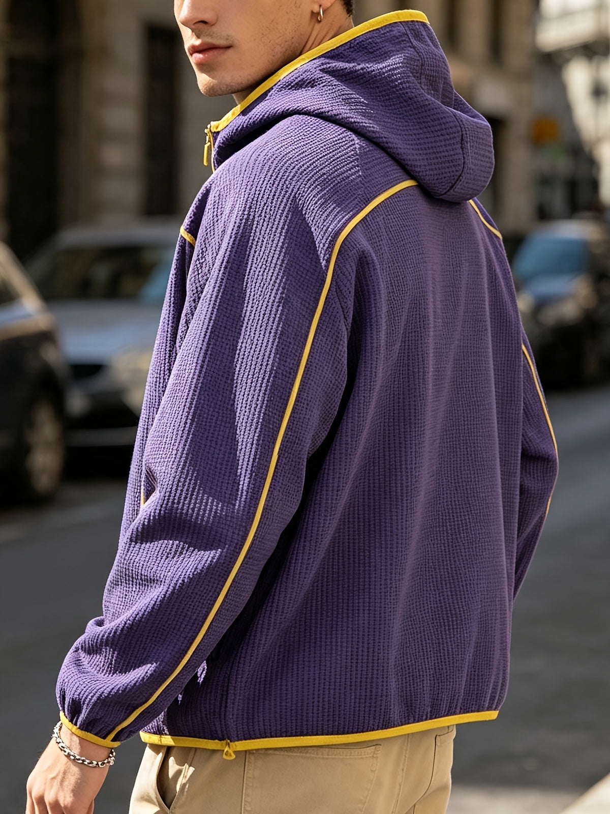 2026 New Men's Waffle Knit Textured Sport Jacket, Spring/Autumn Lightweight Hooded Outerwear, Suitable for Sports & Fitness, Outdoor Activities, Daily Home Wear, and Casual Outings - Purple