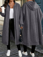 Plus Size - Fall/Winter Long Hooded Trench Coat | Elegant Solid Color With Medium Stretch Fabric And Zipper Detail - Dark Gray