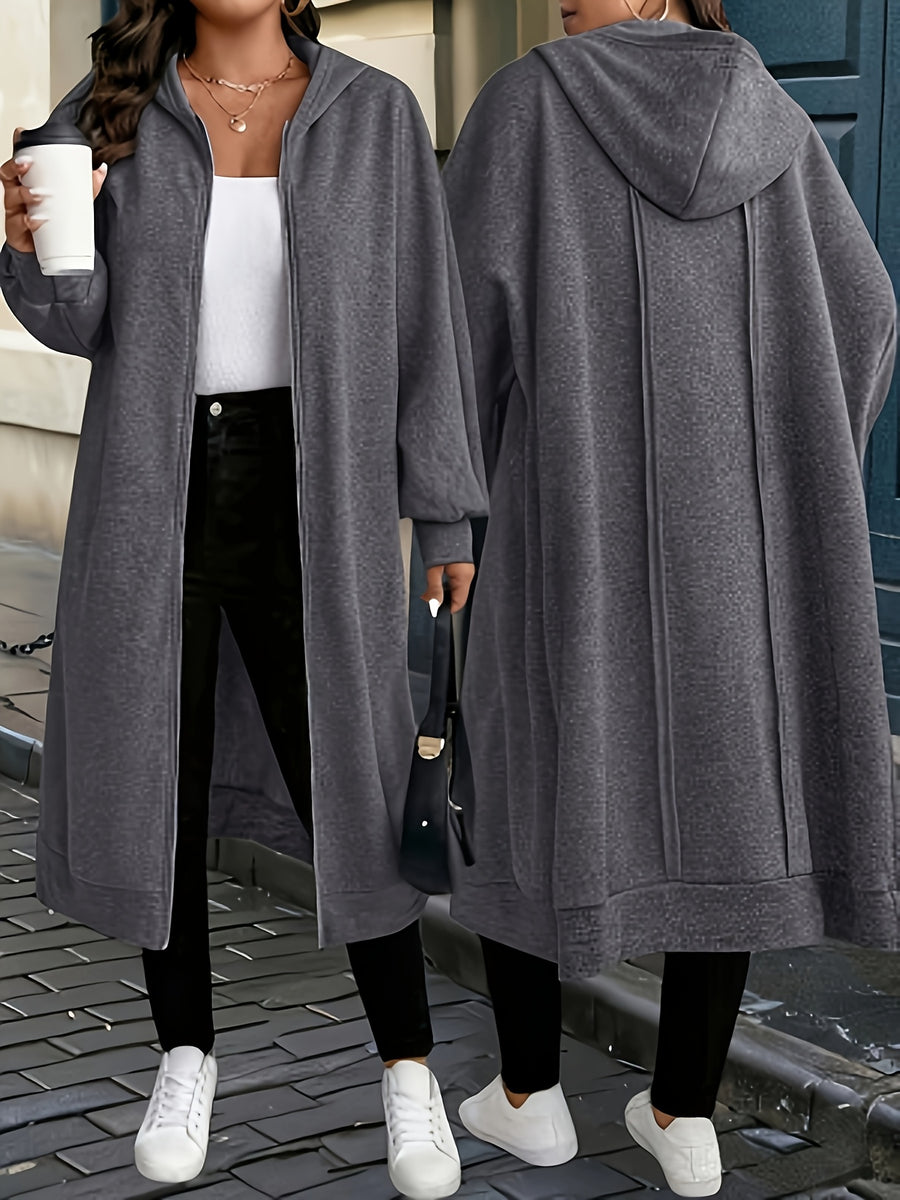 Plus Size - Fall/Winter Long Hooded Trench Coat | Elegant Solid Color With Medium Stretch Fabric And Zipper Detail - Dark Gray