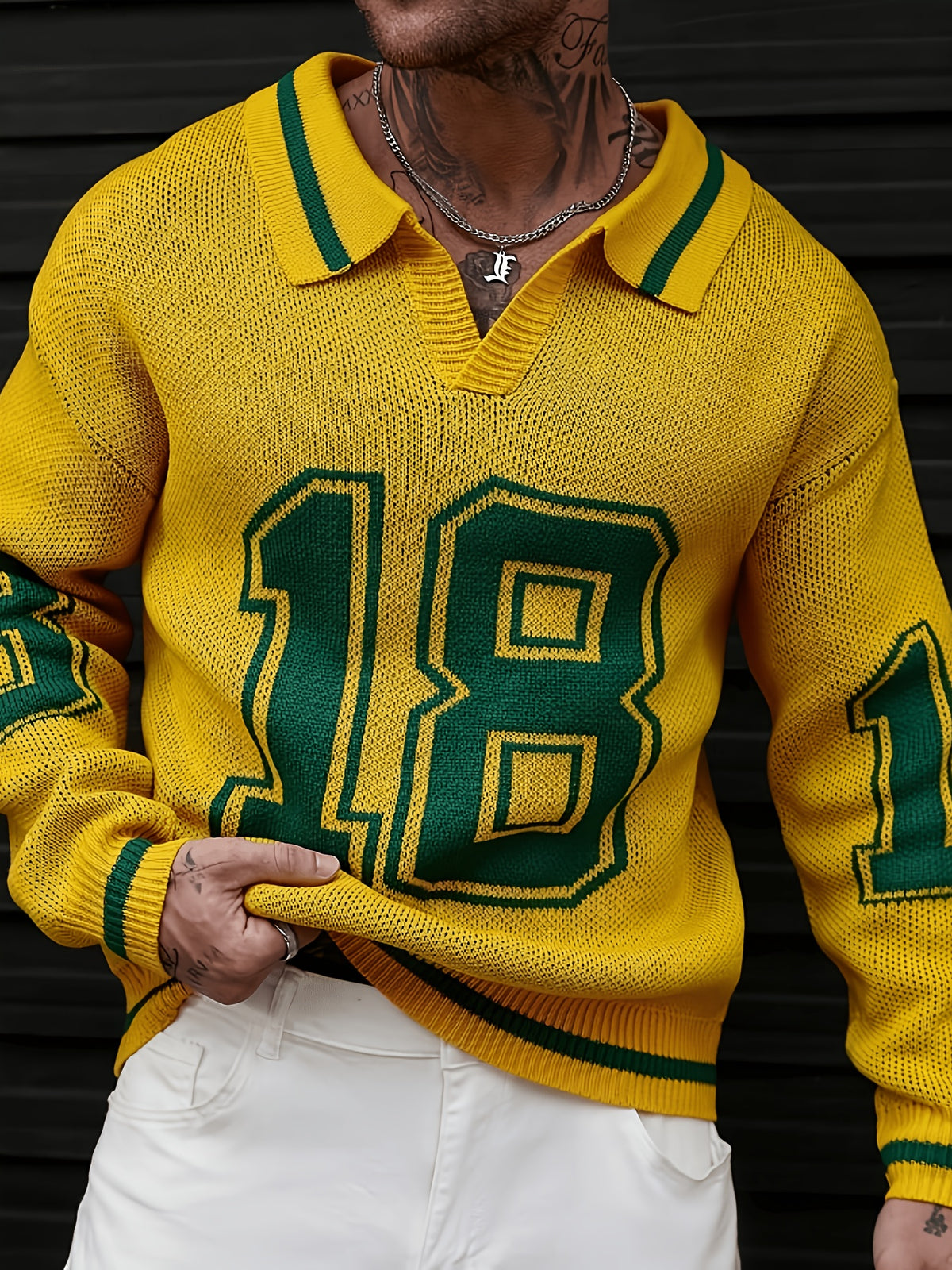 JANE DRESSINGLOG Men'S Autumn Winter Fashion Polo Collar Pullover Sweater, Trendy Lapel Contrast Number Design Sporty Warm Knitwear, Autumn Winter Commute Casual Outing Wear - Yellow