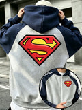 WB Warner Bros. Authentic Men's Raglan Sleeve Colorblock Hooded Zip-Up Sweatshirt, Superman Core Classic Triangle S Logo Streetwear Print Design, Autumn/Winter Loose Fit Color-Block Striped Sport Hoodie, Streetwear Fashion Casual Versatile Sporty Zip - Gray And Navy Blue