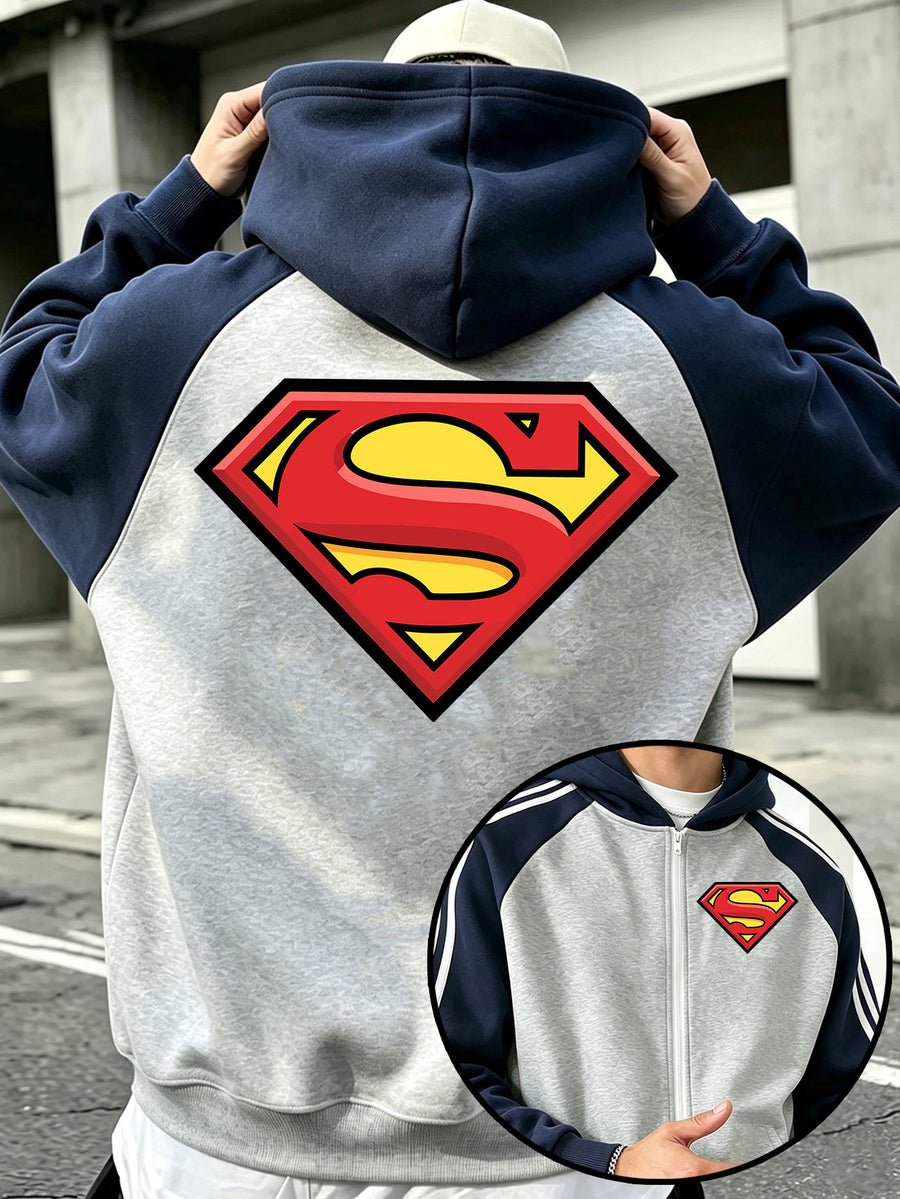 WB Warner Bros. Authentic Men's Raglan Sleeve Colorblock Hooded Zip-Up Sweatshirt, Superman Core Classic Triangle S Logo Streetwear Print Design, Autumn/Winter Loose Fit Color-Block Striped Sport Hoodie, Streetwear Fashion Casual Versatile Sporty Zip - Gray And Navy Blue
