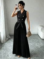 Women's Elegant and Stylish Commuter Brocade Sleeveless Double-Breasted Notched Lapel Waist-Cinching Pleated Pants Jumpsuit for Autumn/Winter - Black
