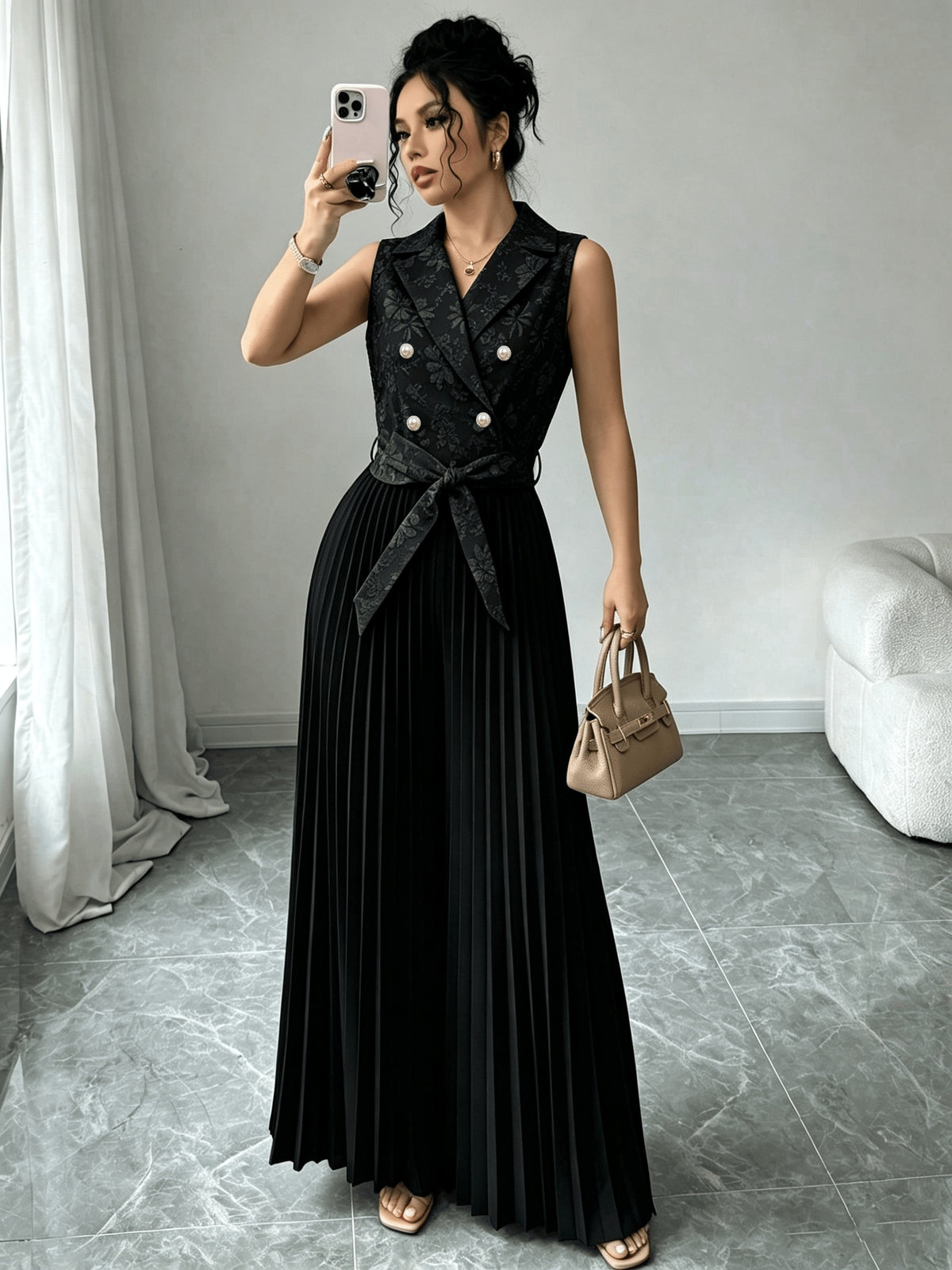 Women's Elegant and Stylish Commuter Brocade Sleeveless Double-Breasted Notched Lapel Waist-Cinching Pleated Pants Jumpsuit for Autumn/Winter - Black