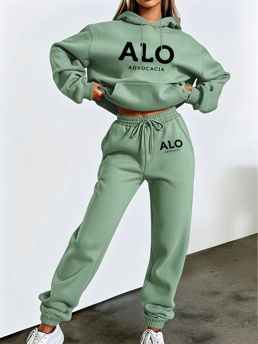 ALO ADVOCACIA Black Text Pattern Autumn/Winter Fashion 2pcs -Lined Set, Women's Printed Casual Outfit, Elegant Women's Clothing - Green