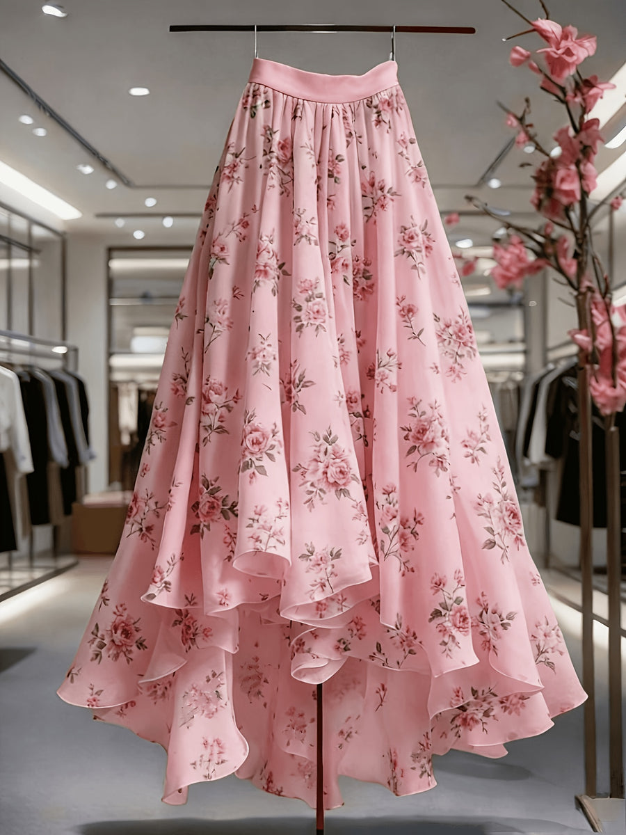 Women'S Lace Mesh Printed Half Skirt, Casual Flared Mesh Skirt - Pink