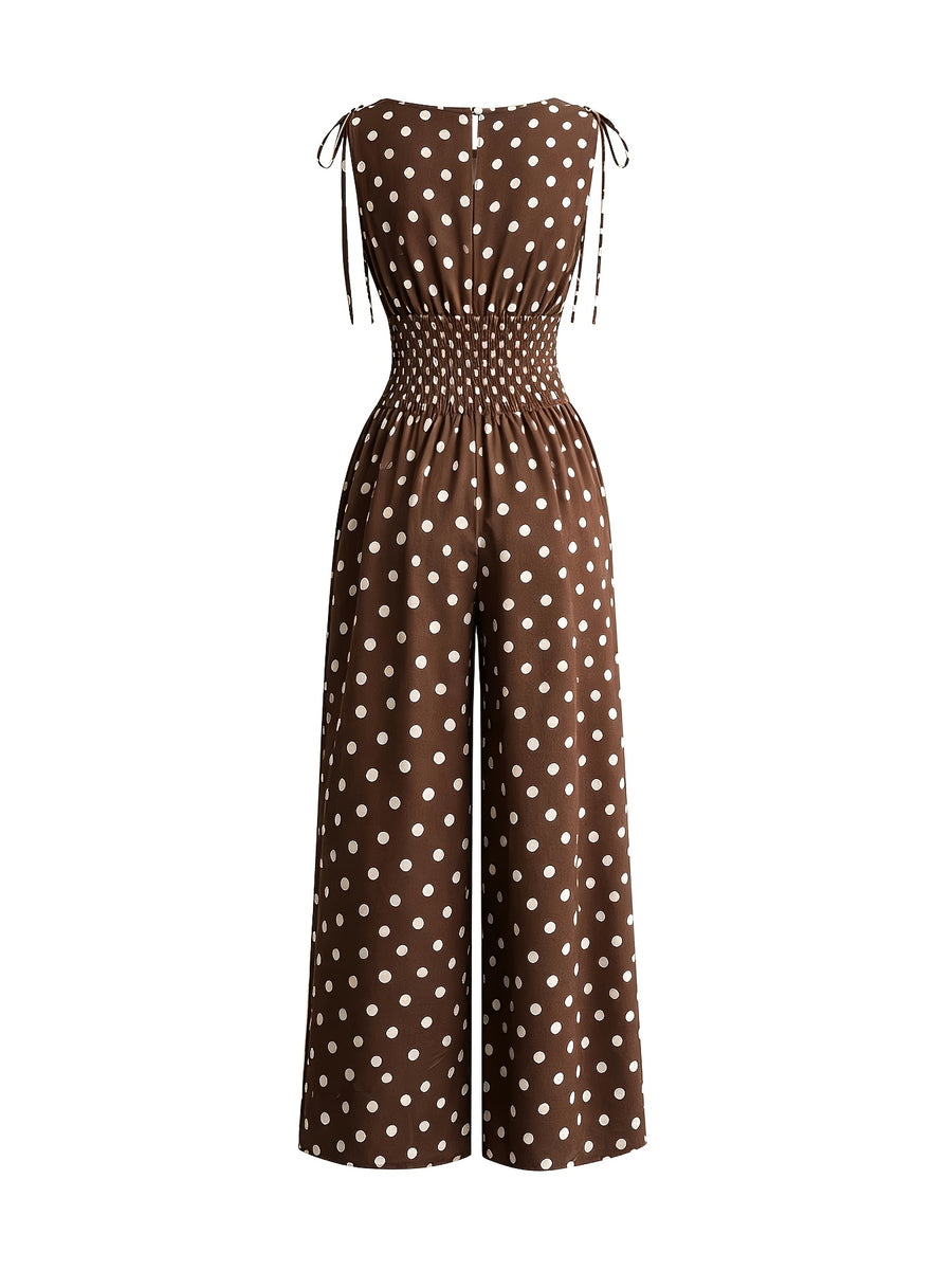 Women'S New Retro Polka Dot Print Jumpsuit, Shoulder Bow Tie Detail, Round Neck Sleeveless Back Slit Button Design, Elastic Ruched Waist, Summer Casual Beach Vacation Outfit, Elegant Commute, Date Outing Daily Wear Long Length Wide Leg Trousers - Olive Brown