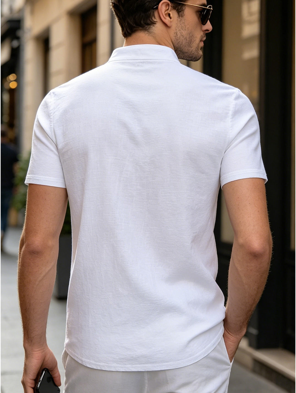 Men's Mountain Graphic Short Sleeve Henley Shirt, Mandarin Collar Half Placket Button Casual T-Shirt, Lightweight And Linen Blend Texture Summer Beach Tops - White
